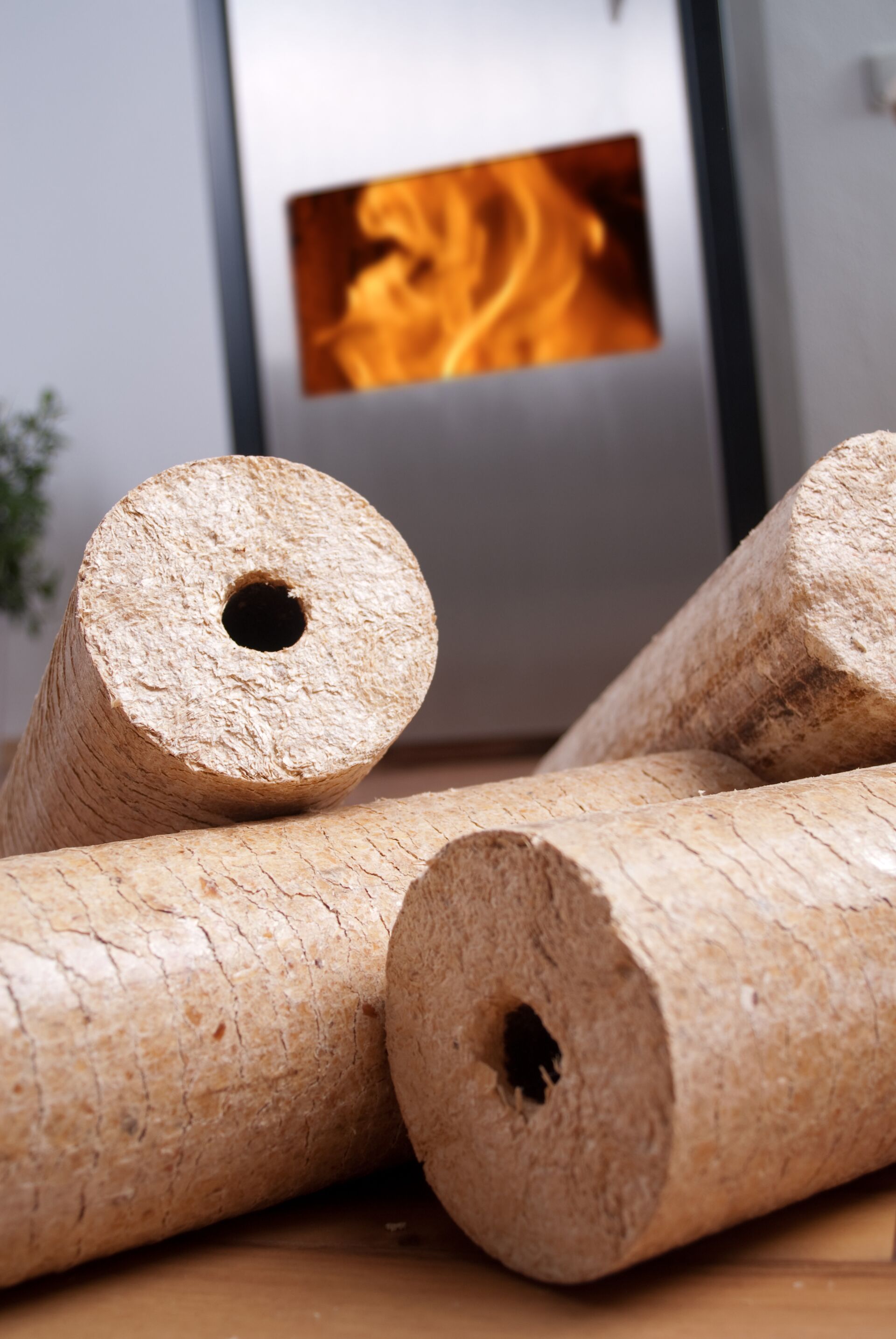 Runde Holzbriketts - zur Feuerung für Kaminofen im Hintergrund