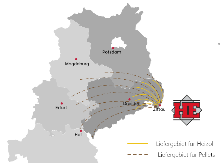 Kartengrafik mit Liefergebiet für Brennstoffhandel in Sachsen, Brandenburg, Thüringen & Sachsen-Anhalt