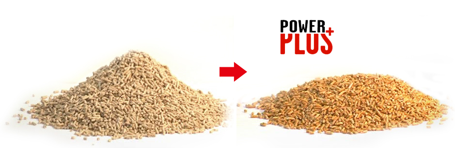 lose Holzpellets von Power Plus (rechts) im Vergleich zu klassischen Pellets aus Holz (links)